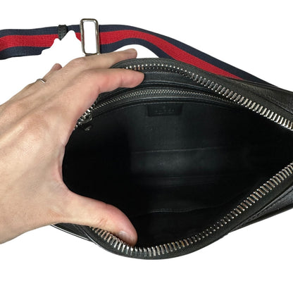 GUCCI GG Supreme Belt Bag Waist Bag Black Web Strap Silver Hardware GU597