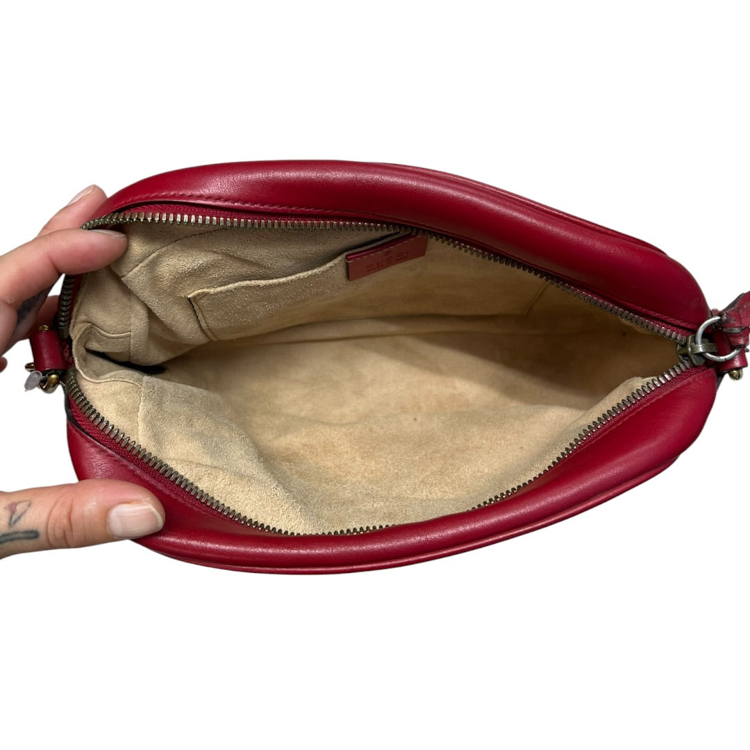 GUCCI Matelasse Leather GG Marmont Small Camera Crossbody Bag Red Gold Hardware GU560