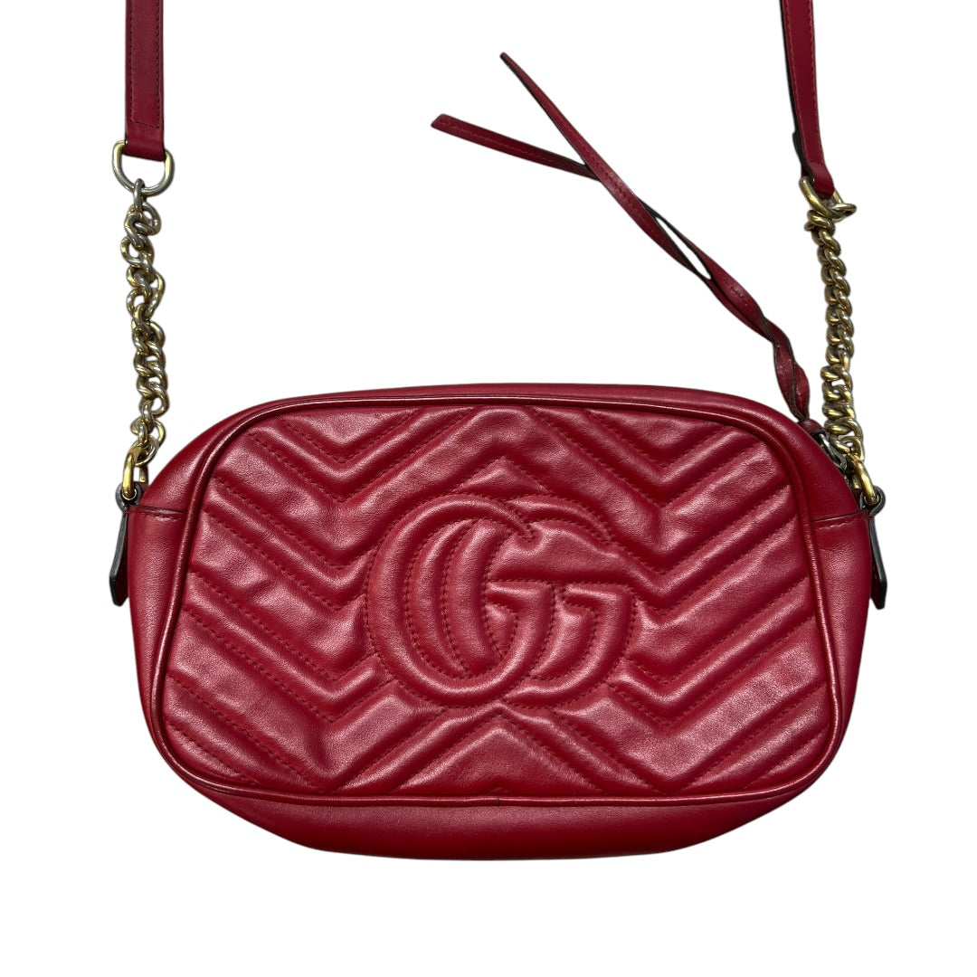 GUCCI Matelasse Leather GG Marmont Small Camera Crossbody Bag Red Gold Hardware GU560