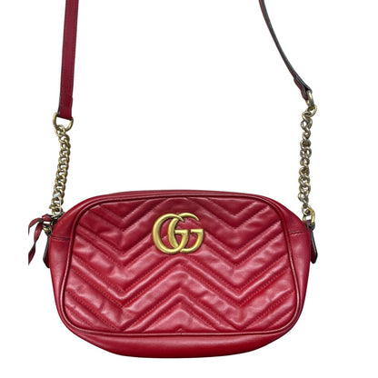 GUCCI Matelasse Leather GG Marmont Small Camera Crossbody Bag Red Gold Hardware GU560