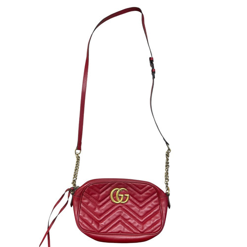 GUCCI Matelasse Leather GG Marmont Small Camera Crossbody Bag Red Gold Hardware GU560