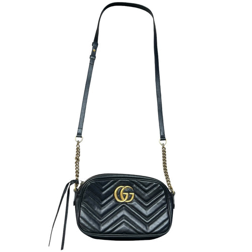 GUCCI Matelasse Leather GG Marmont Small Camera Crossbody Bag Black Gold Hardware GU507