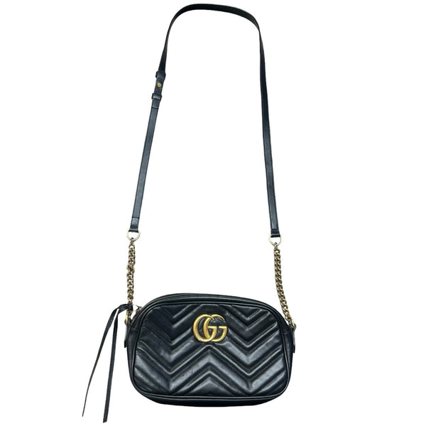 GUCCI Matelassé Leather GG Marmont Small Camera Crossbody Bag Black Gold Hardware GU507