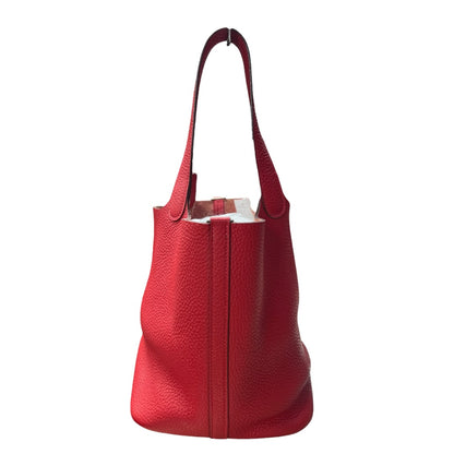 HERMES Clemence Leather Picotin Lock MM Handbag Red Palladium Hardware HE323
