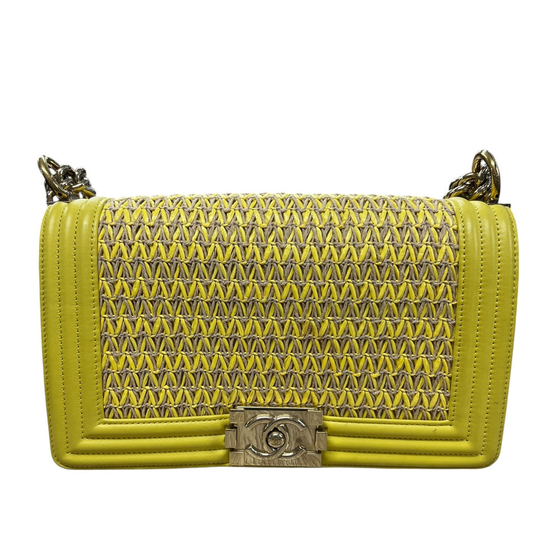 CHANEL Lambskin & Raffia Boy Handbag Yellow Gold Hardware CH1949