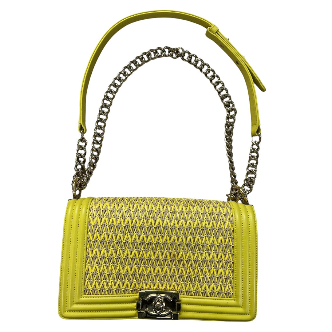 CHANEL Lambskin & Raffia Boy Handbag Yellow Gold Hardware CH1949