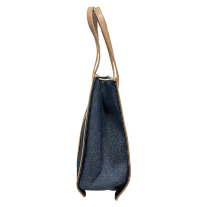 Christian Dior Denim Tote Handbag Blue Tan Leather Trim CH1848