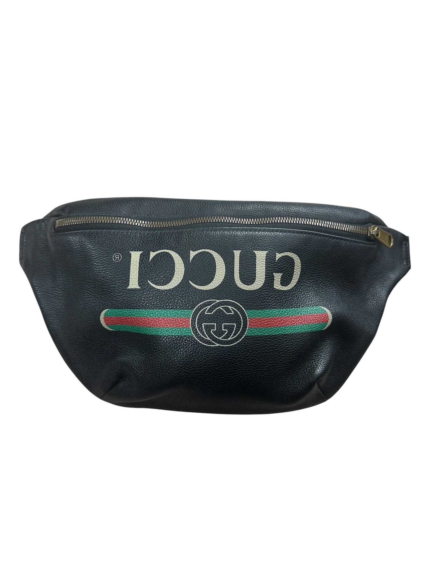 GUCCI Leather Print Belt Bag Black Gold Hardware GU605