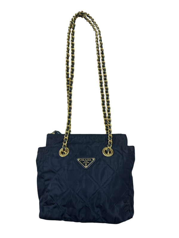 PRADA Tessuto Quilted Chain Shoulder Bag Black Gold Hardware PR201