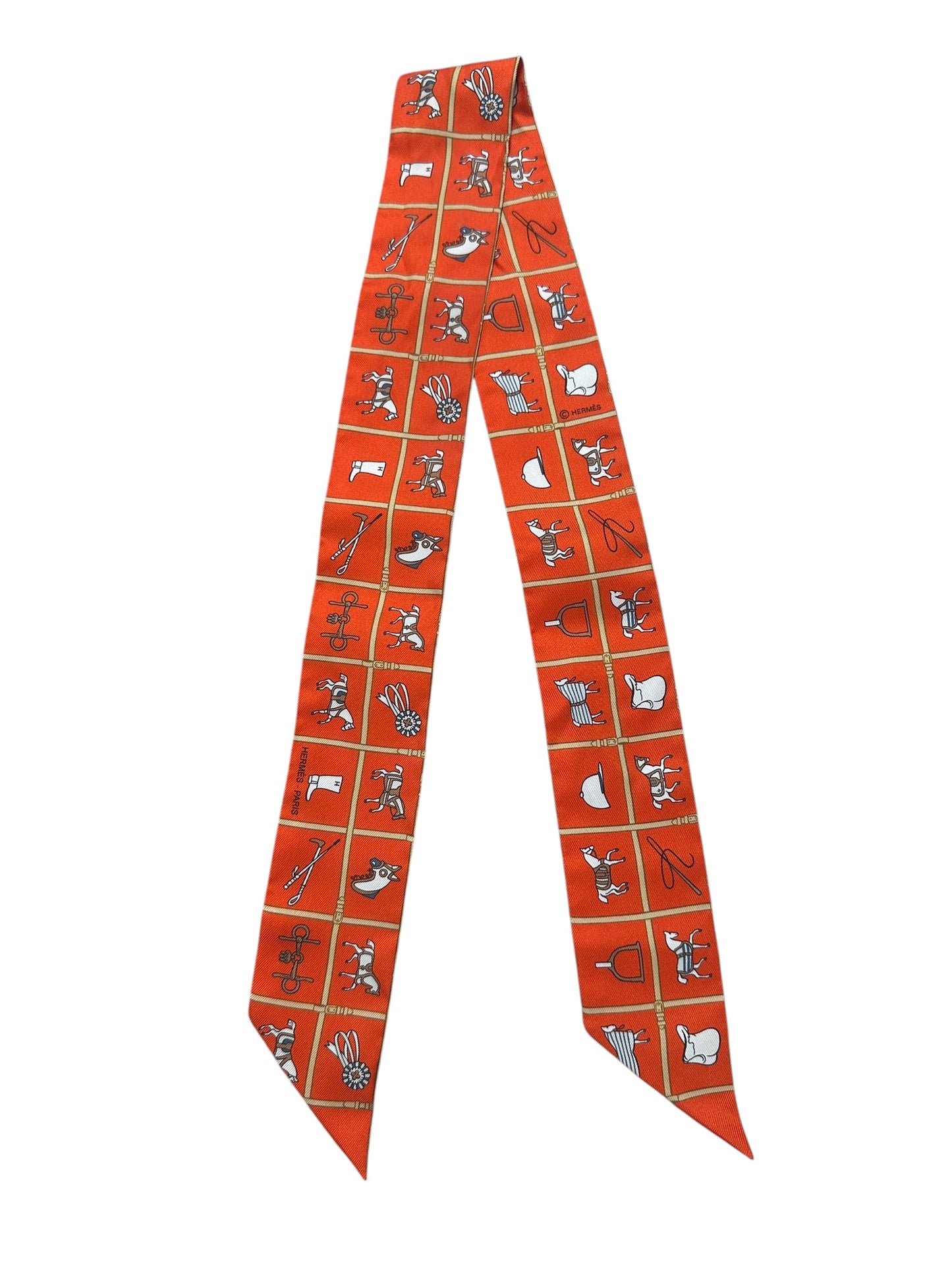 HERMES Silk Twilly Scarf Orange Equestrian Print HE453