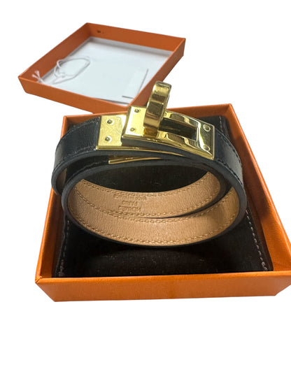 HERMES Leather Kelly Double Tour Bracelet 17cm Black Gold Hardware HE454