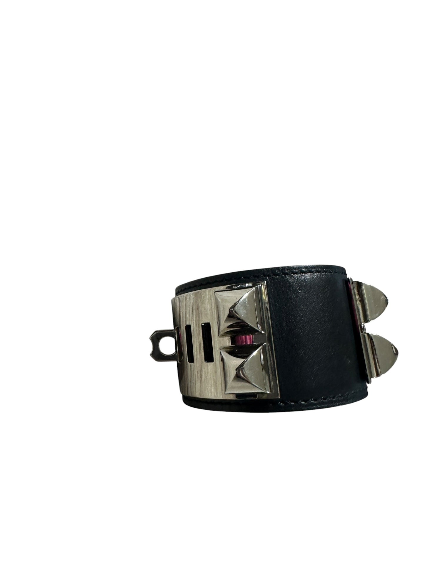 HERMES Leather Collier de Chien CDC Bangle 17cm Black Silver Hardware HE455