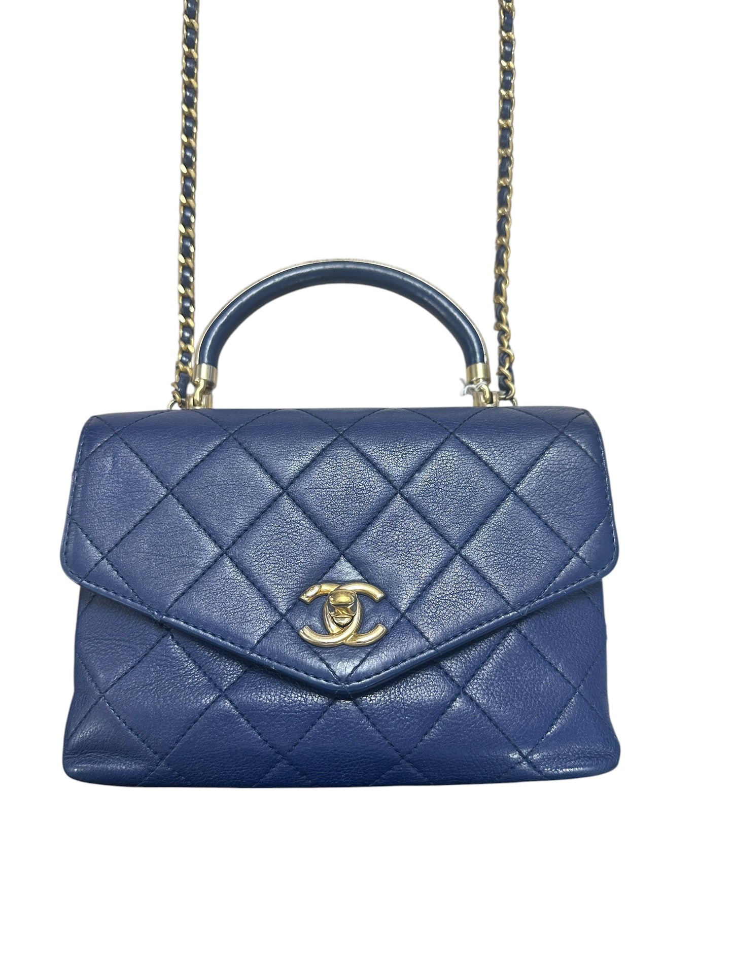 CHANEL Lambskin Matelassé 19 Top Handle Bag Navy Gold Hardware CH2151