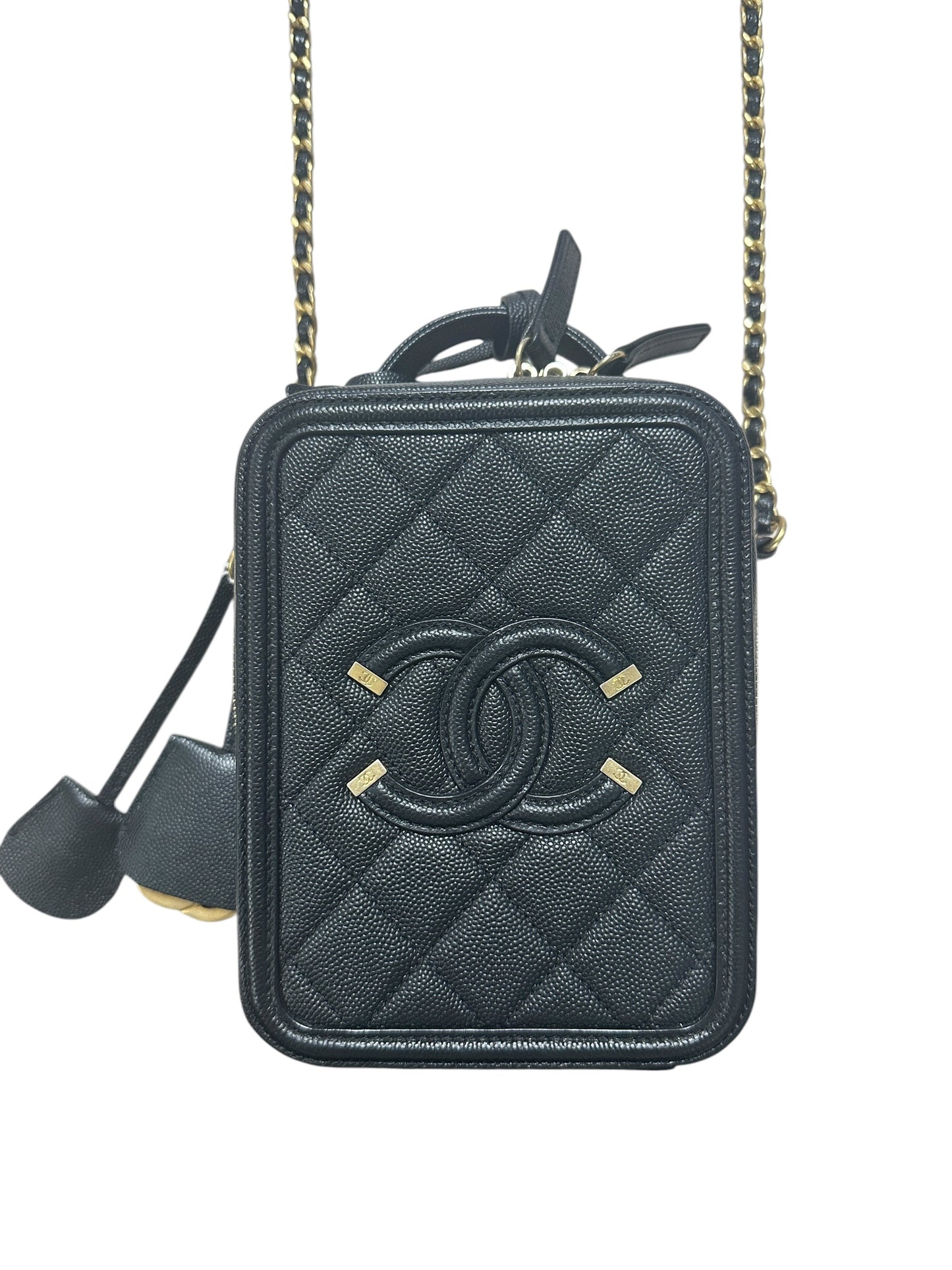 CHANEL Caviar CC Filigree 14 Vertical Vanity 2WAY Black Gold Hardware CH2153