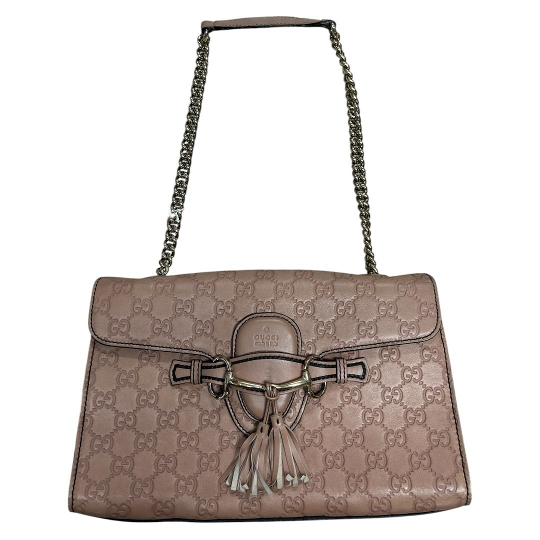 GUCCI Guccissima Leather Horsebit Flap Shoulder Bag Pink Gold Hardware GU615
