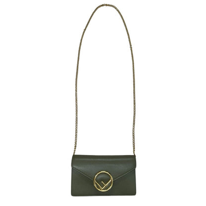 FENDI Grained Leather Continental Wallet On Chain Wallet on Chain / Belt Bag Green Gold Hardware FE381