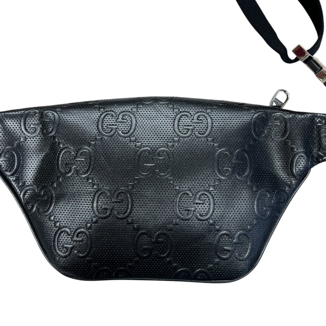 GUCCI GG Embossed Leather GG Embossed Perforated Leather Belt Bag Belt Bag Black Silver Hardware Gu621