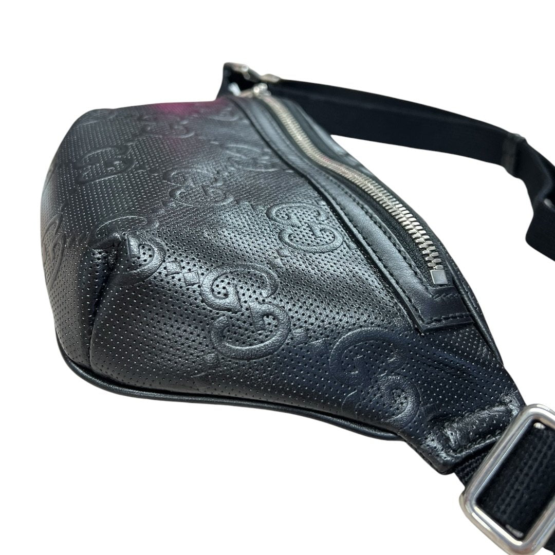 GUCCI GG Embossed Leather GG Embossed Perforated Leather Belt Bag Belt Bag Black Silver Hardware Gu621