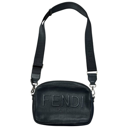 FENDI Leather Fendi Roma Camera Bag Crossbody Bag Black Silver Hardware FE382