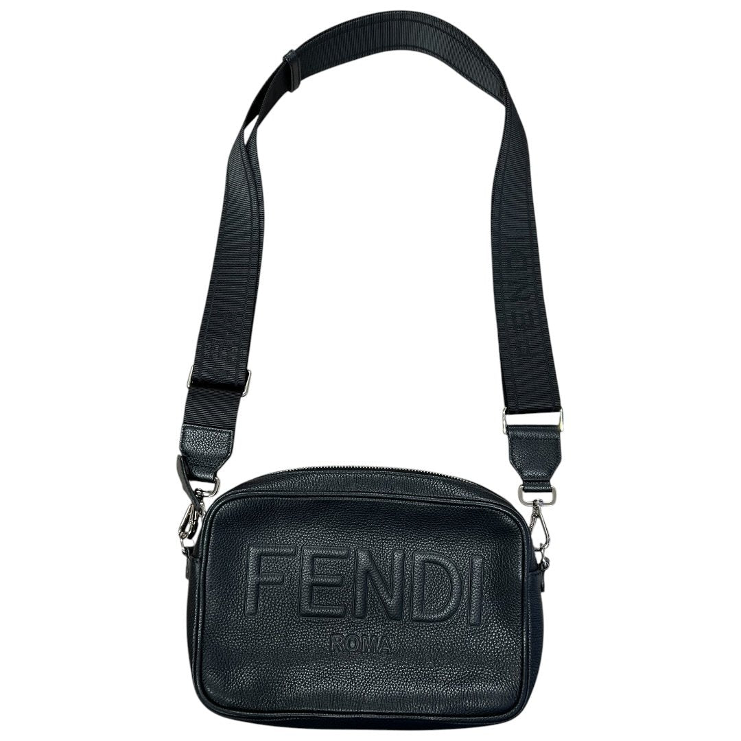 FENDI Leather Fendi Roma Camera Bag Crossbody Bag Black Silver Hardware FE382