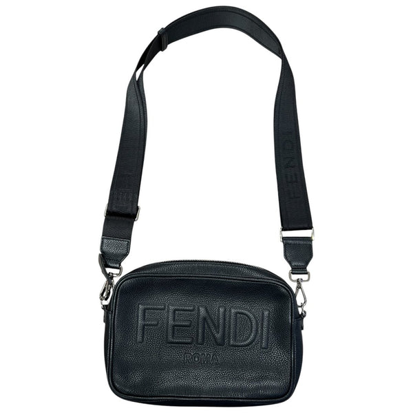 FENDI Leather Fendi Roma Camera Bag Crossbody Bag Black Silver Hardware FE382