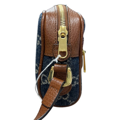 GUCCI Denim, Grained Leather Ophidia GG Small Shoulder Bag Blue, Brown Gold Hardware Gu620