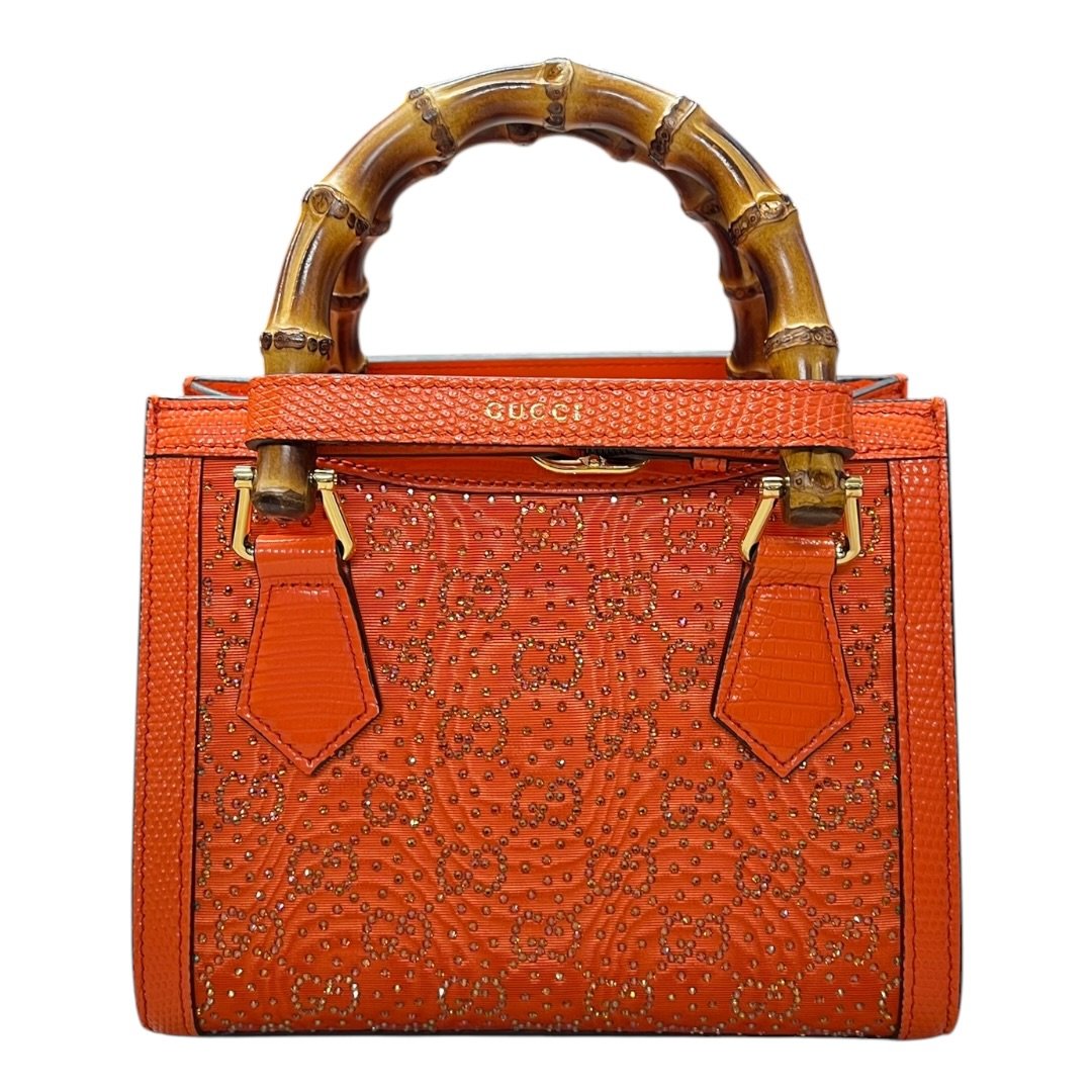 GUCCI Lizard-effect Leather Diana Mini Tote Bag Handbag Orange Gold Hardware GU629