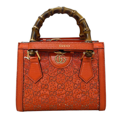 GUCCI Lizard-effect Leather Diana Mini Tote Bag Handbag Orange Gold Hardware GU629