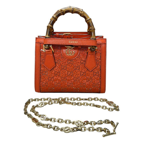 GUCCI Lizard-effect Leather Diana Mini Tote Bag Handbag Orange Gold Hardware GU629