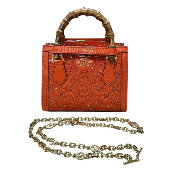 GUCCI Lizard-effect Leather Diana Mini Tote Bag Handbag Orange Gold Hardware GU629