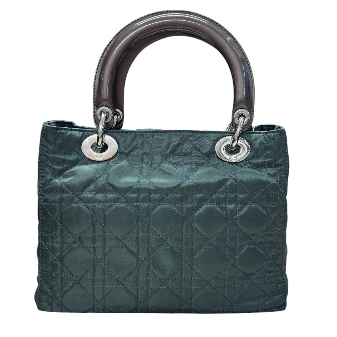 CHRISTIAN DIOR Nylon Lady Dior Handbag Dark Green with Metallic Brown handles Silver Hardware Ch2159
