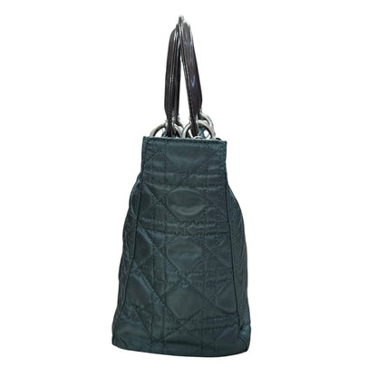 CHRISTIAN DIOR Nylon Lady Dior Handbag Dark Green with Metallic Brown handles Silver Hardware Ch2159