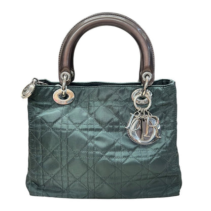 CHRISTIAN DIOR Nylon Lady Dior Handbag Dark Green with Metallic Brown handles Silver Hardware Ch2159