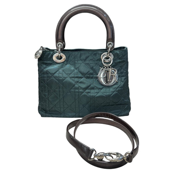 CHRISTIAN DIOR Nylon Lady Dior Handbag Dark Green with Metallic Brown handles Silver Hardware Ch2159