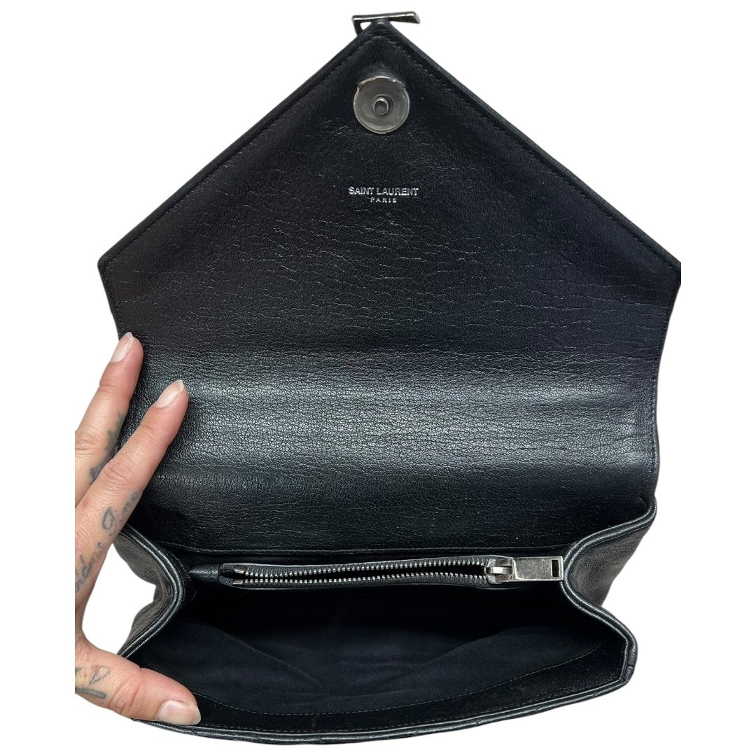 SAINT LAURENT Quilted Leather College Monogram Bag Shoulder Bag Black Silver Hardware YV157