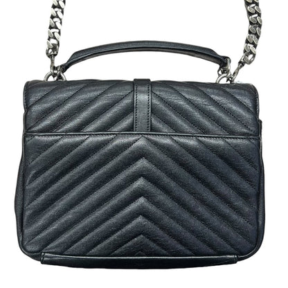 SAINT LAURENT Quilted Leather College Monogram Bag Shoulder Bag Black Silver Hardware YV157