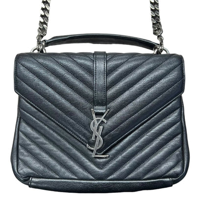 SAINT LAURENT Quilted Leather College Monogram Bag Shoulder Bag Black Silver Hardware YV157