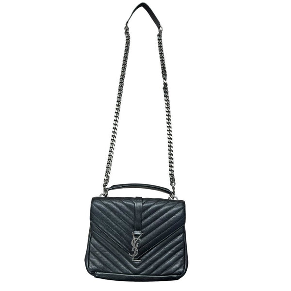 SAINT LAURENT Quilted Leather College Monogram Bag Shoulder Bag Black Silver Hardware YV157