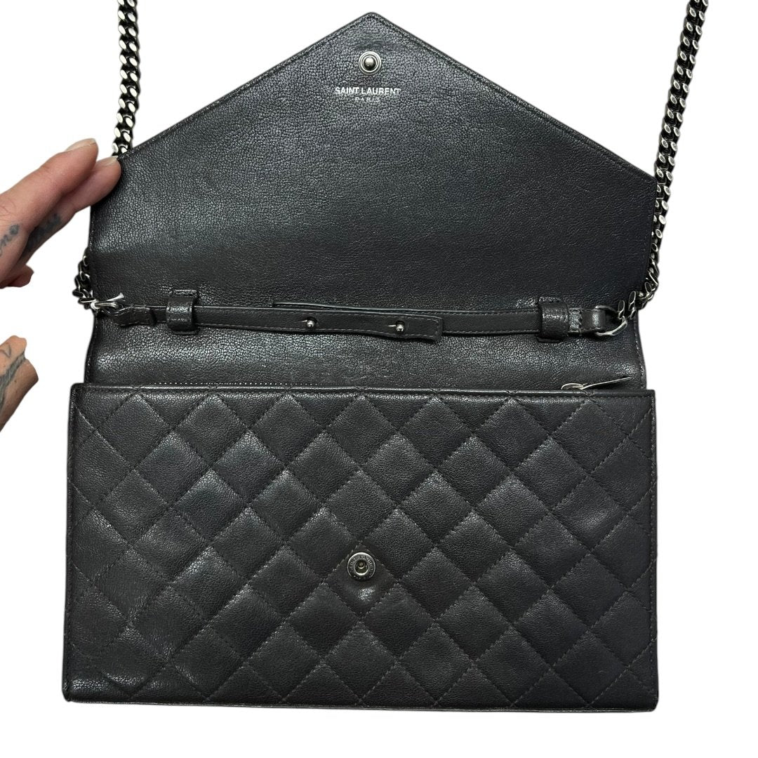 SAINT LAURENT Quilted Grain Leather Monogram Envelope Wallet on Chain Black Silver Hardware YV156