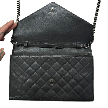 SAINT LAURENT Quilted Grain Leather Monogram Envelope Wallet on Chain Black Silver Hardware YV156