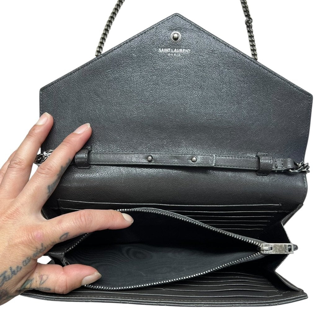 SAINT LAURENT Quilted Grain Leather Monogram Envelope Wallet on Chain Black Silver Hardware YV156