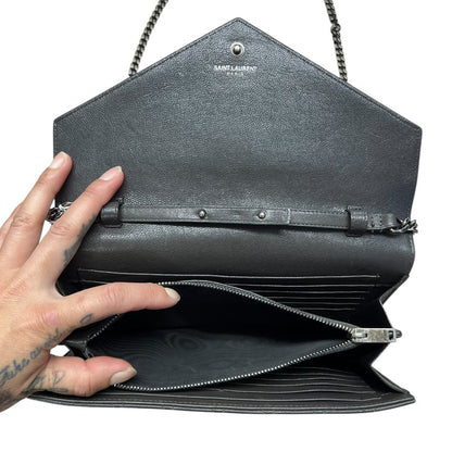 SAINT LAURENT Quilted Grain Leather Monogram Envelope Wallet on Chain Black Silver Hardware YV156