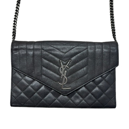 SAINT LAURENT Quilted Grain Leather Monogram Envelope Wallet on Chain Black Silver Hardware YV156
