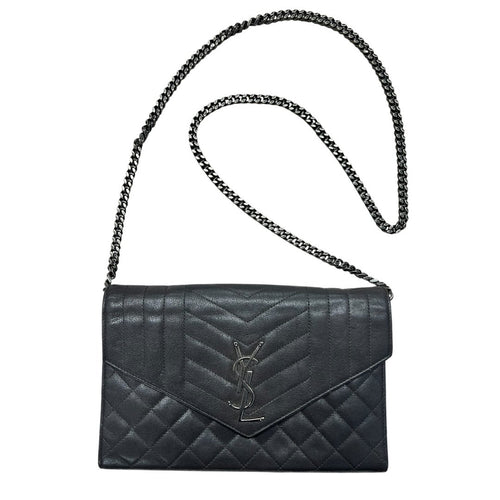 SAINT LAURENT Quilted Grain Leather Monogram Envelope Wallet on Chain Black Silver Hardware YV156