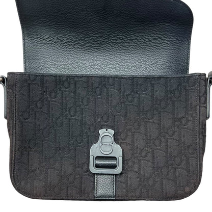 CHRISTIAN DIOR Oblique Canvas & Calfskin Saddle Messenger Bag Shoulder Bag Black Matte Black Metal Hardware with Gold-tone Accents Ch2155