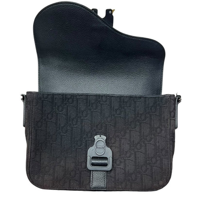 CHRISTIAN DIOR Oblique Canvas & Calfskin Saddle Messenger Bag Shoulder Bag Black Matte Black Metal Hardware with Gold-tone Accents Ch2155
