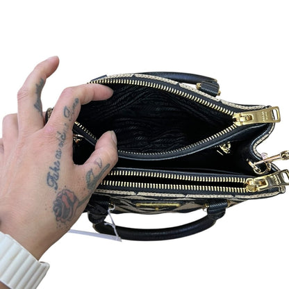 PRADA Jacquard Triangle Symbole Jacquard Triangle Mini Tote Handbag Black and Beige Gold Hardware PR203