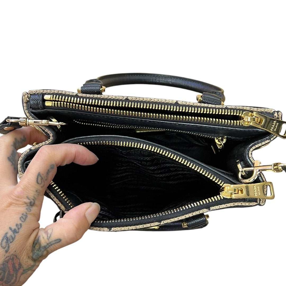 PRADA Jacquard Triangle Symbole Jacquard Triangle Mini Tote Handbag Black and Beige Gold Hardware PR203