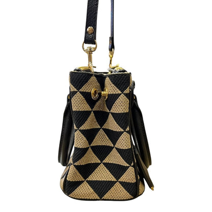 PRADA Jacquard Triangle Symbole Jacquard Triangle Mini Tote Handbag Black and Beige Gold Hardware PR203