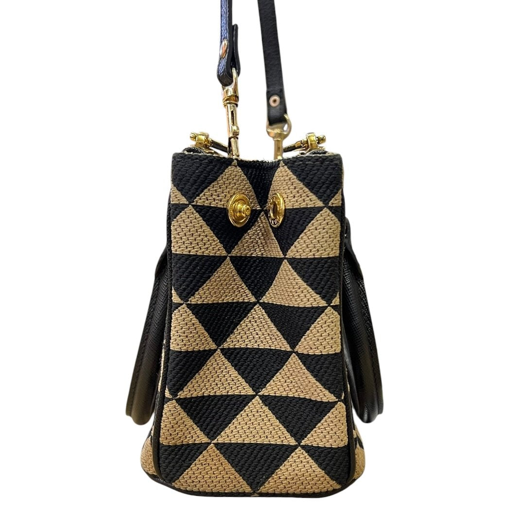 PRADA Jacquard Triangle Symbole Jacquard Triangle Mini Tote Handbag Black and Beige Gold Hardware PR203